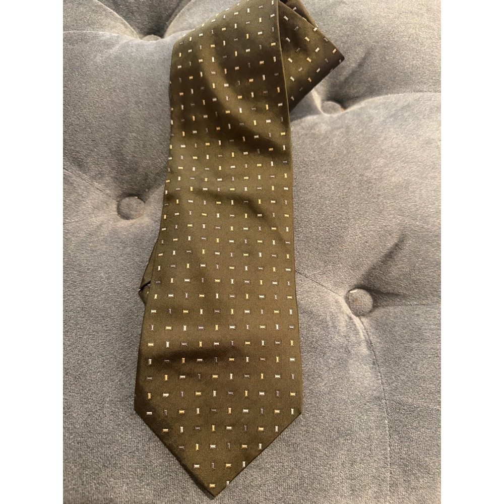 Daniel De Fasson Mens Olive Green Geometric 100% Silk Hand Made Necktie Tie